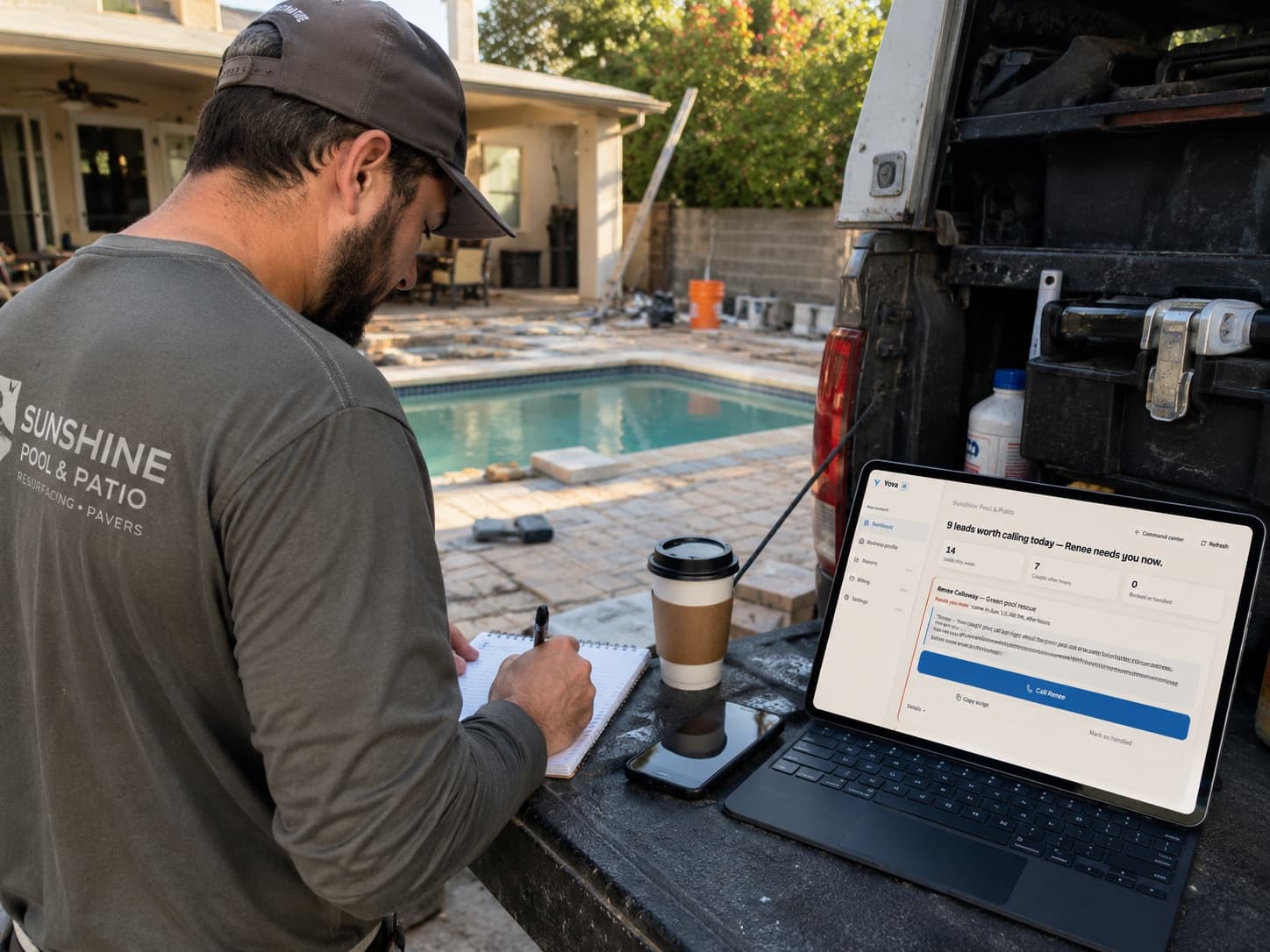 A pool-service owner at his truck tailgate, checking his Yova call-back list on a tablet.